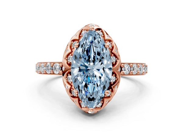 Rose gold Fancy Blue Marquise  Diamond Solitaire Ring with Shared Prong Pavé Band