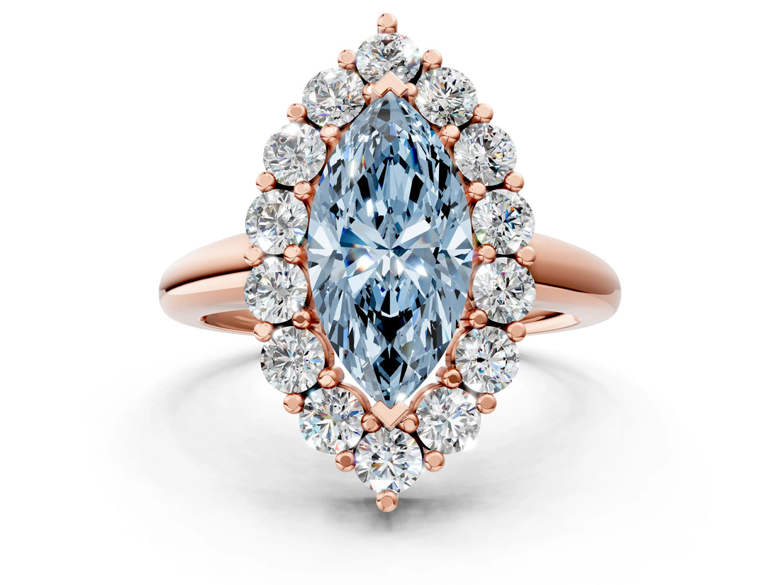 Rose gold Fancy Blue Marquise  Halo Cluster Diamond Engagement Ring with Prong Setting and Polished Band_93