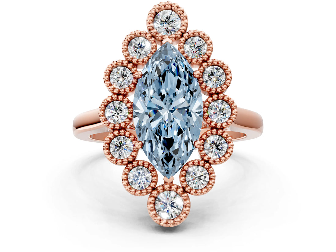 Rose gold Fancy Blue Marquise  Halo Diamond Cluster Engagement Ring with Milgrain Bezel Setting and Solitaire Band_45