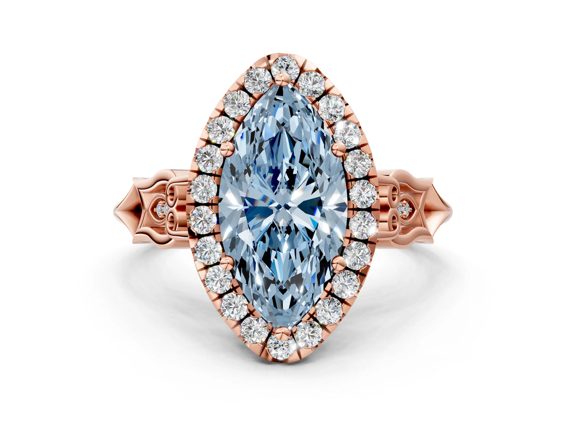 Rose gold Fancy Blue Marquise  Halo Diamond Engagement Ring with Filigree Band and Four-Prong Setting_81