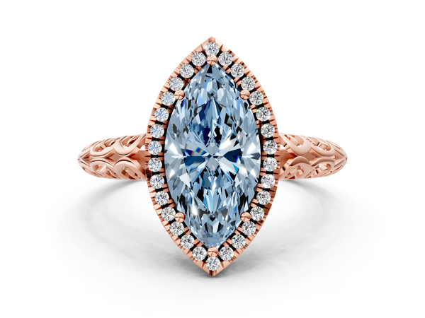 Rose gold Fancy Blue Marquise  Halo Diamond Engagement Ring with Intricate Filigree Band and Four-Prong Setting