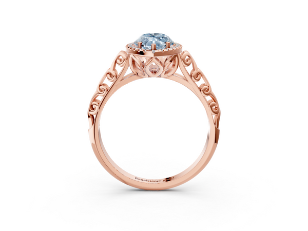 Rose gold Fancy Blue Marquise  Halo Diamond Engagement Ring with Intricate Filigree Band and Four-Prong Setting
