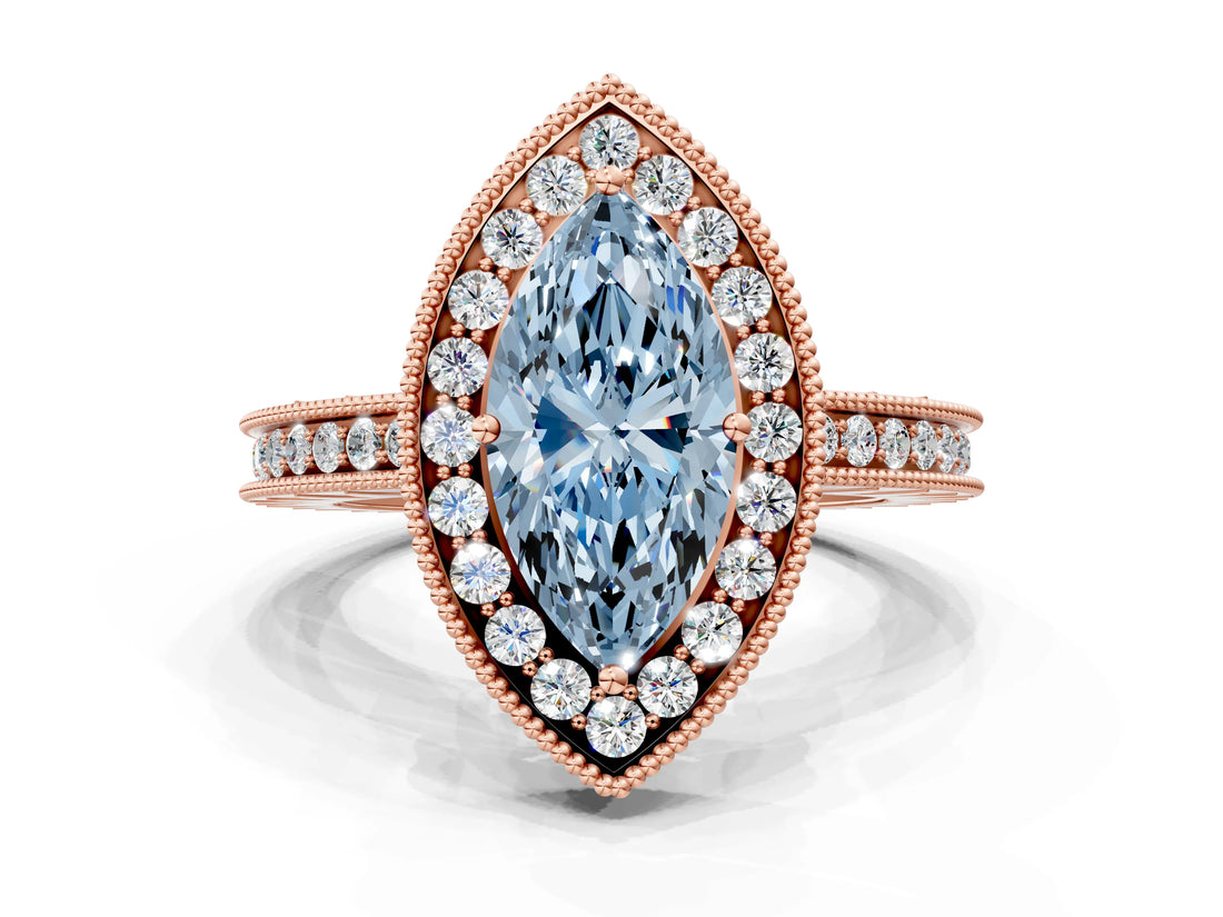 Rose gold Fancy Blue Marquise  Halo Diamond Engagement Ring with Milgrain Pave Band and Four-Prong Setting_38