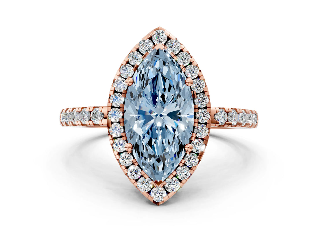 Rose gold Fancy Blue Marquise  Halo Diamond Engagement Ring with Pavé Band and Four-Prong Setting_159
