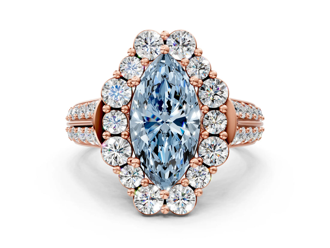 Rose gold Fancy Blue Marquise  Halo Diamond Engagement Ring with Split Shank and Prong Setting_66
