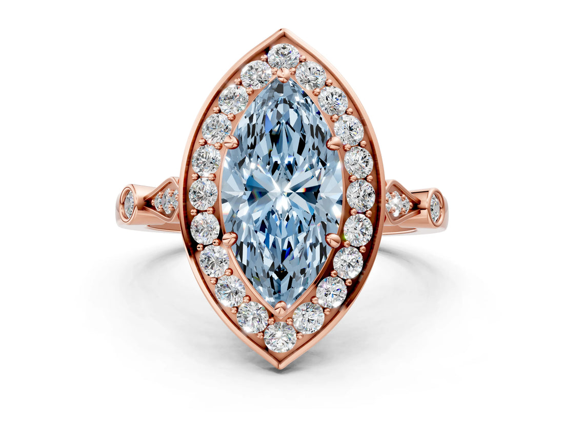 Rose gold Fancy Blue Marquise  Halo Diamond Engagement Ring with Twisted Band and Four-Prong Setting 1