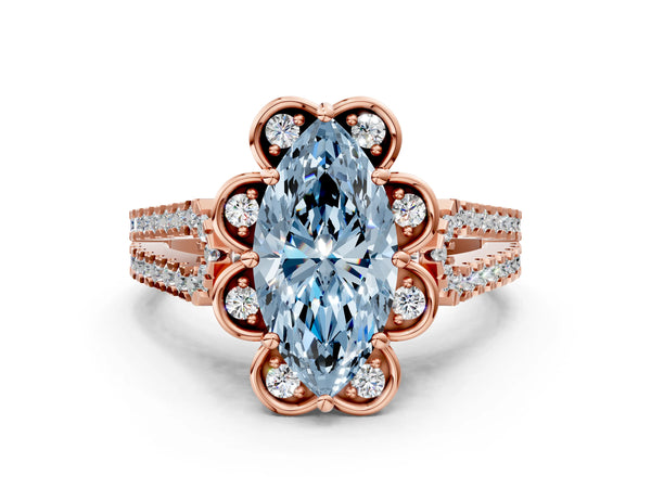 Rose gold Fancy Blue Marquise  Halo Diamond Floral Split Shank Engagement Ring