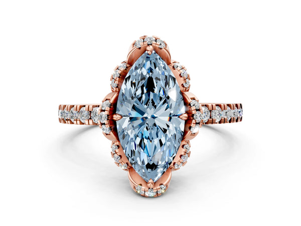 Rose gold Fancy Blue Marquise  Halo Diamond Pave Band Ring with Four-Prong Setting