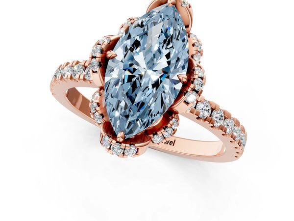 Rose gold Fancy Blue Marquise  Halo Diamond Pave Band Ring with Four-Prong Setting