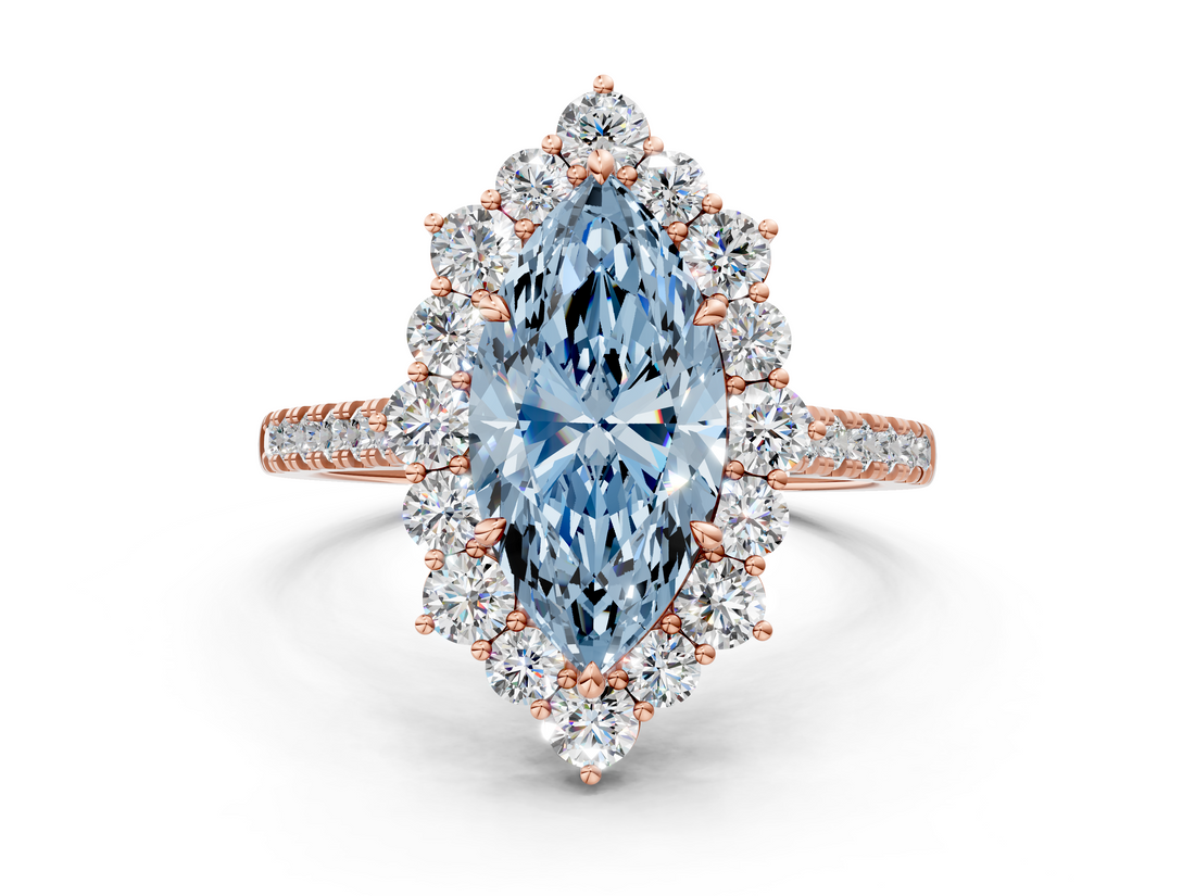 Rose gold Fancy Blue Marquise  Halo Diamond Ring with Pavé Band and Prong Setting_37