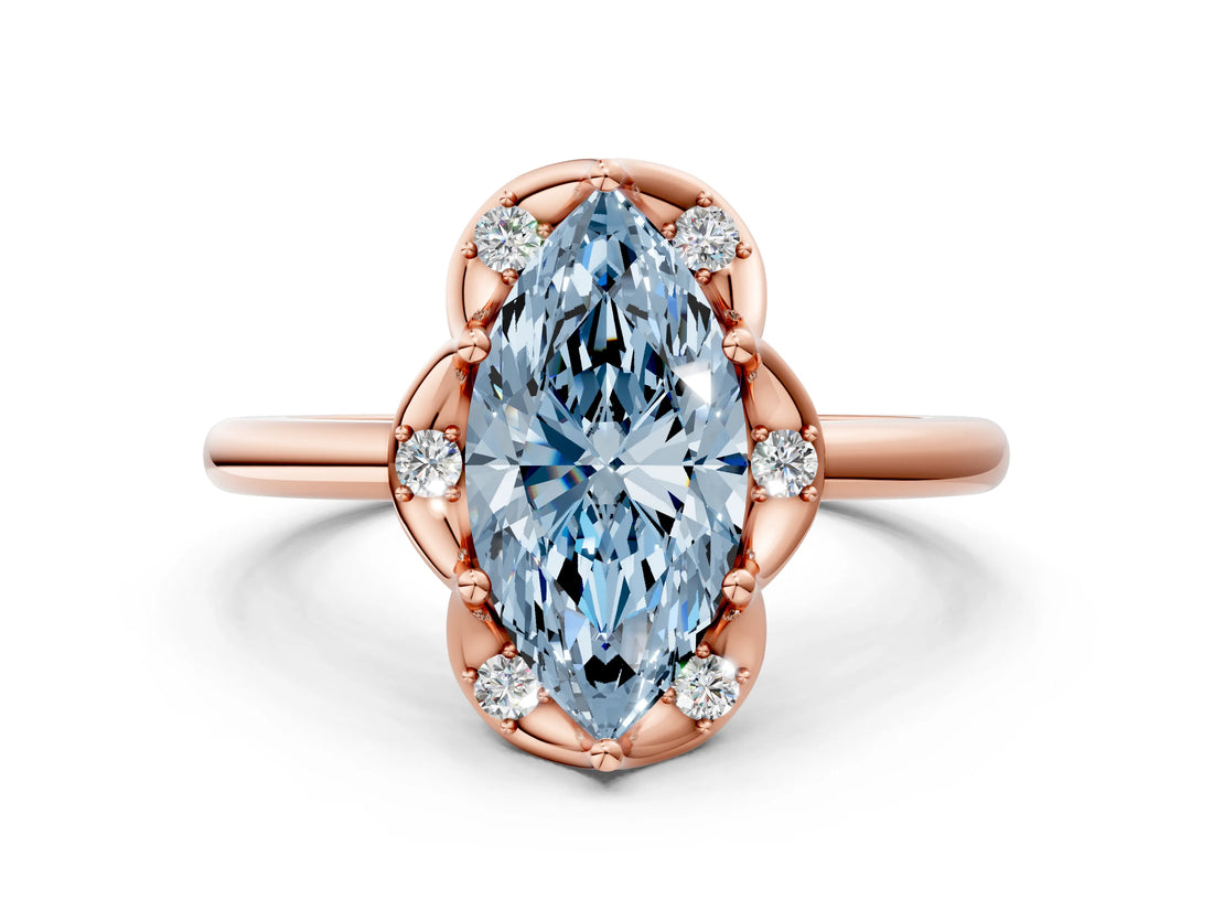 Rose gold Fancy Blue Marquise  Halo Diamond Ring with Round Cluster Setting, Solitaire Band, and Four-Prong Setting_49