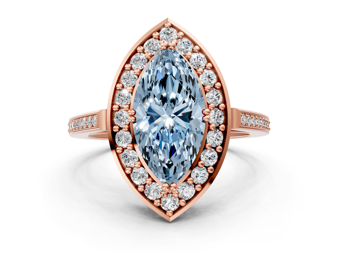 Rose gold Fancy Blue Marquise  Halo Diamond Ring with Split Shank and Four-Prong Setting_45