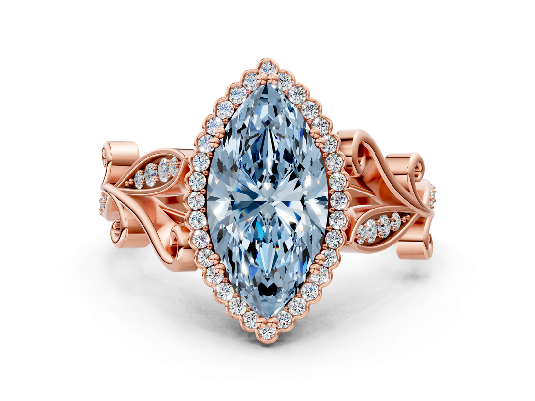 Rose gold Fancy Blue Marquise  Halo Diamond Ring with Vintage Split Shank and Four-Prong Setting_20