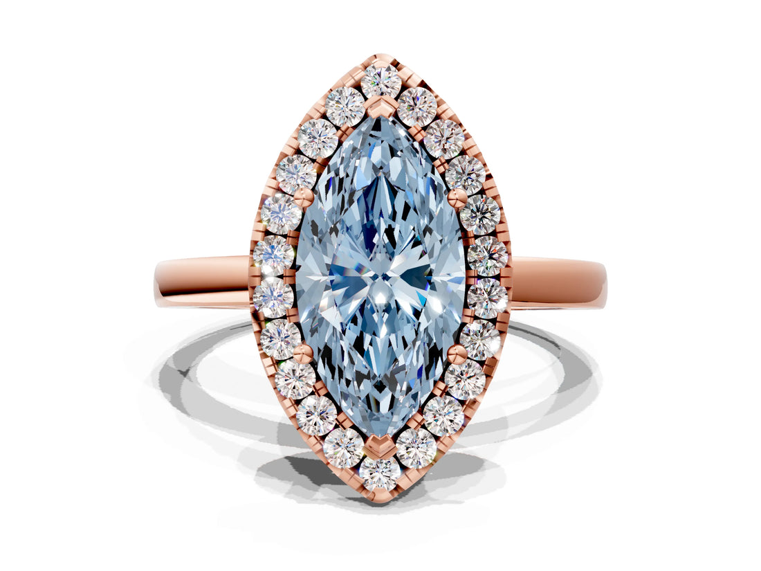 Rose gold Fancy Blue Marquise  Halo Diamond Solitaire with Pavé Band and Four-Prong Setting_92