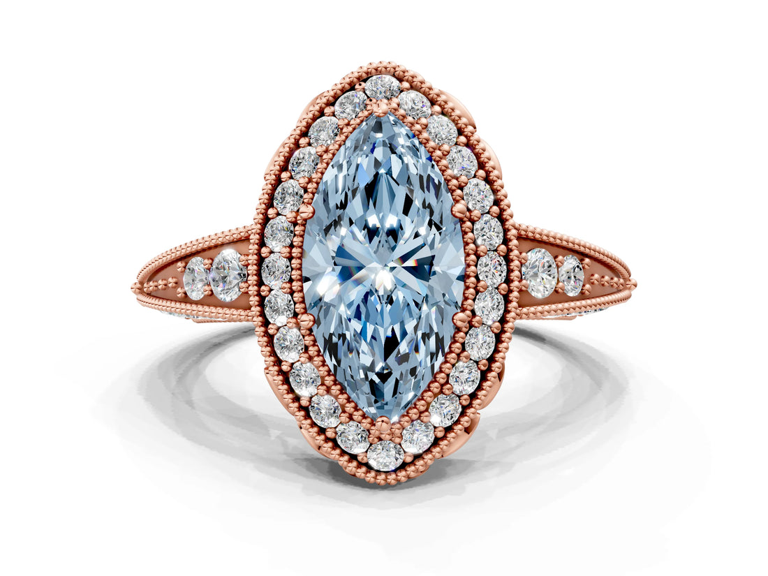 Rose gold Fancy Blue Marquise  Halo Diamond Split Shank Ring with Milgrain Detail_50