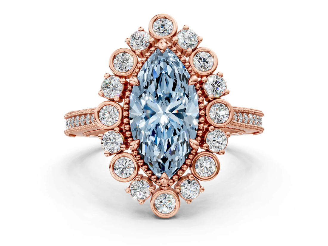Rose gold Fancy Blue Marquise  Halo Milgrain Pave Diamond Ring with Four-Prong Setting