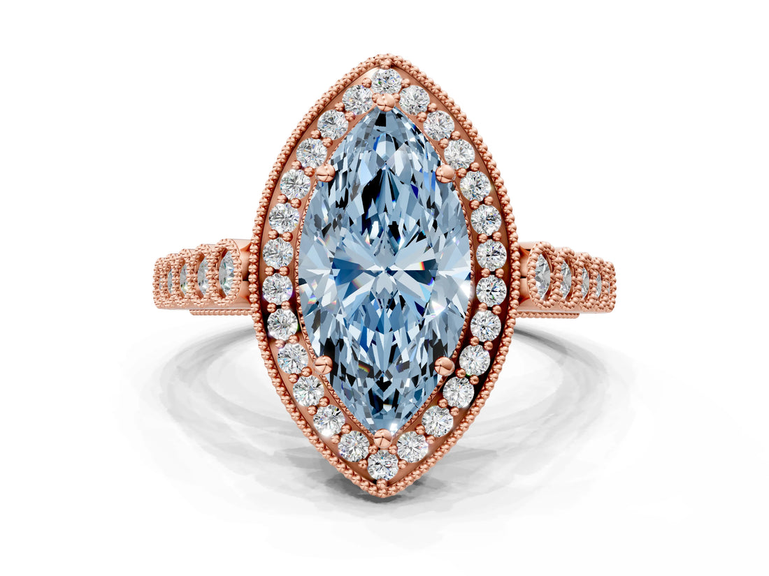 Rose gold Fancy Blue Marquise  Halo Milgrain Solitaire with Bezel Set Side Stones and Pave Band_49