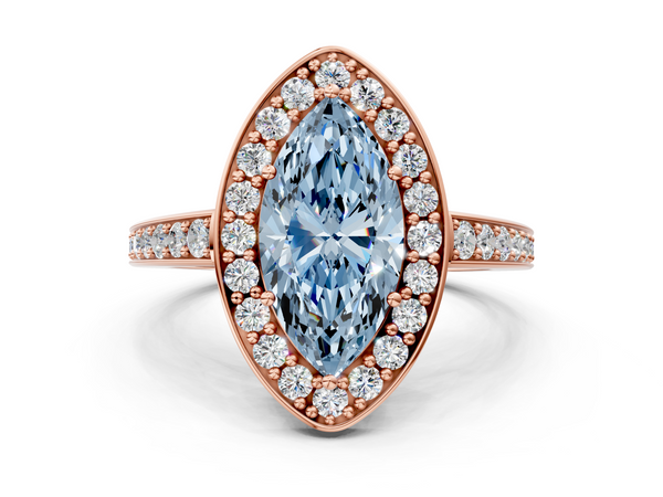 Rose gold Fancy Blue Marquise  Halo Pavé Diamond Engagement Ring with Bezel Setting