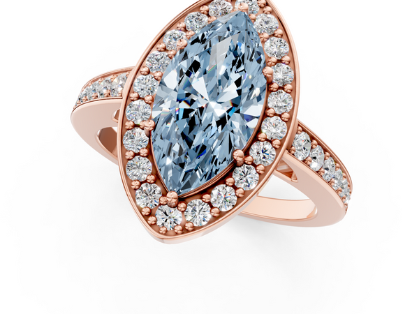 Rose gold Fancy Blue Marquise  Halo Pavé Diamond Engagement Ring with Bezel Setting