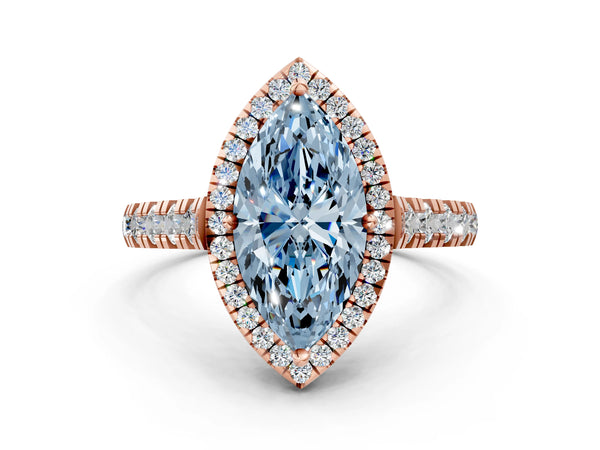 Rose gold Fancy Blue Marquise  Halo Pavé Diamond Engagement Ring with Four-Prong Setting