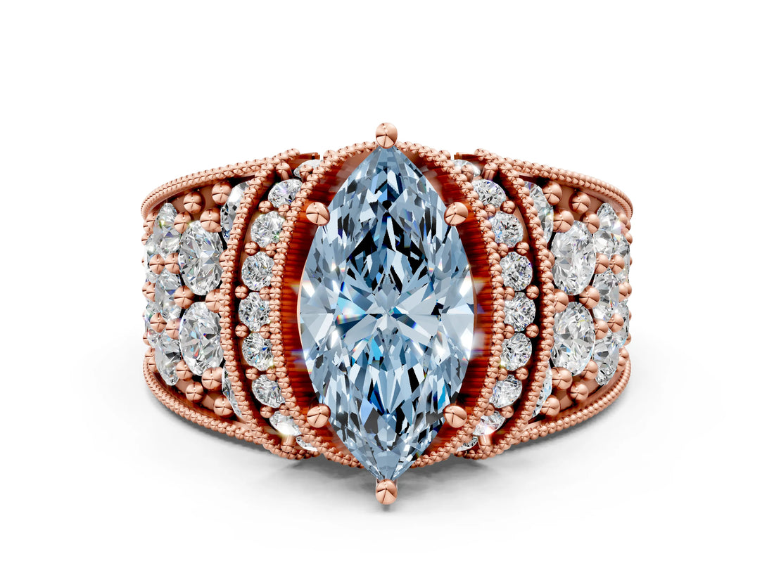 Rose gold Fancy Blue Marquise  Halo Pave Diamond Engagement Ring with Milgrain Detailing_49