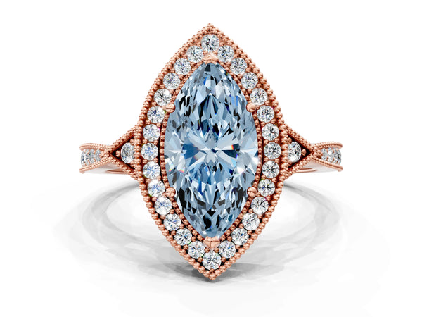 Rose gold Fancy Blue Marquise  Halo Round Diamond Milgrain Pave Engagement Ring