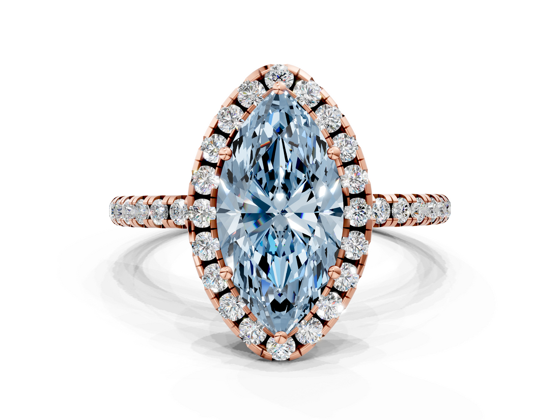 Rose gold Fancy Blue Marquise  Halo Round Diamond Pavé Band Four-Prong Ring_3