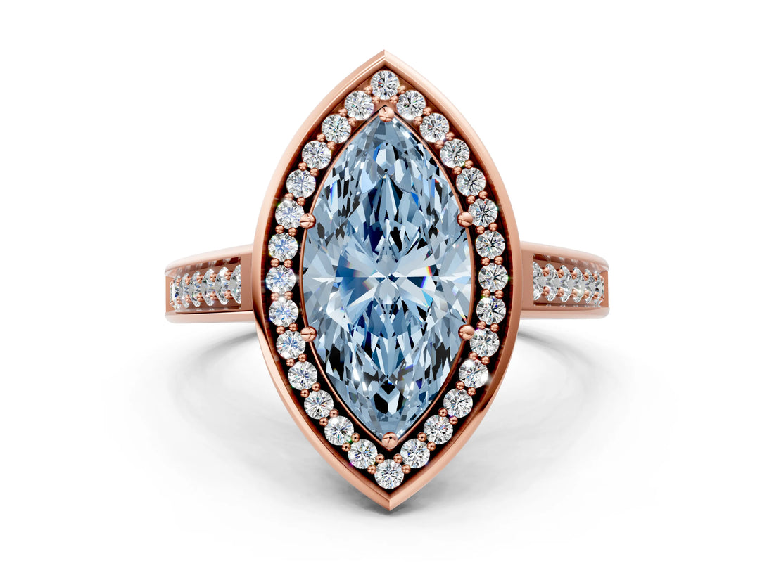 Rose gold Fancy Blue Marquise  Halo Solitaire Diamond Ring with Pave Band and Bezel Setting_49