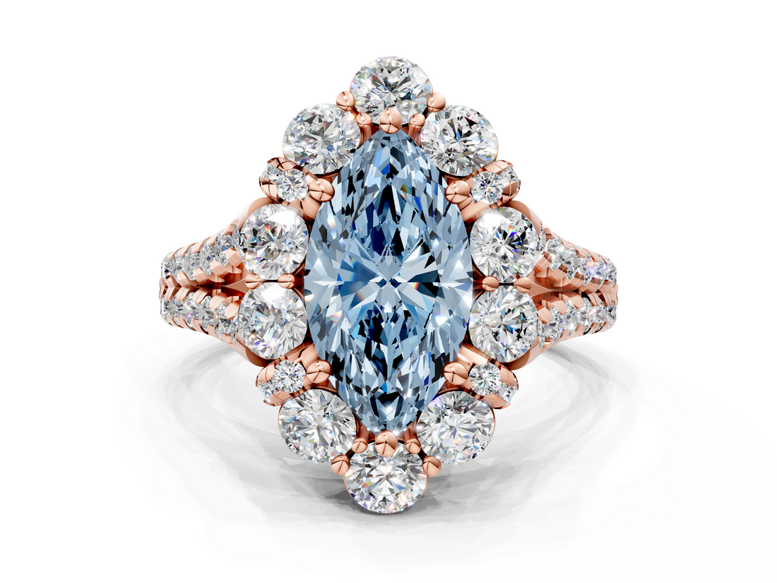 Rose gold Fancy Blue Marquise  Halo Split Shank Diamond Engagement Ring with Pave Band and Four-Prong Setting_54