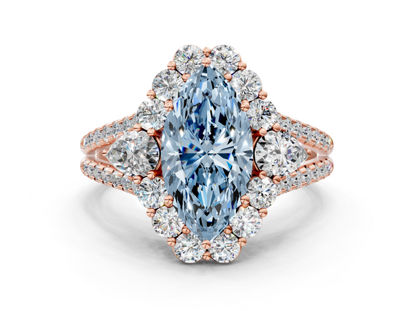 Rose Gold Marquise Halo Pear Side Stone Engagement Ring Setting for Fancy Blue Center
