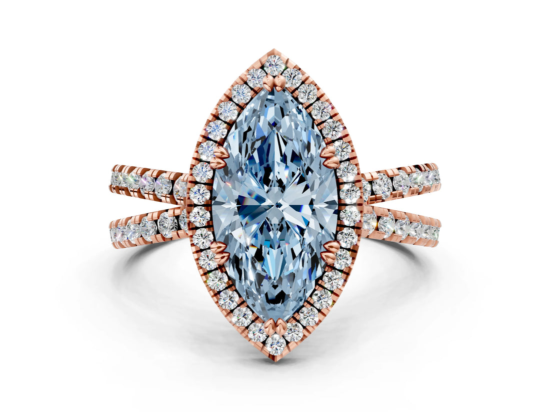Rose gold Fancy Blue Marquise  Halo Split Shank Diamond Ring with Pavé Setting_26
