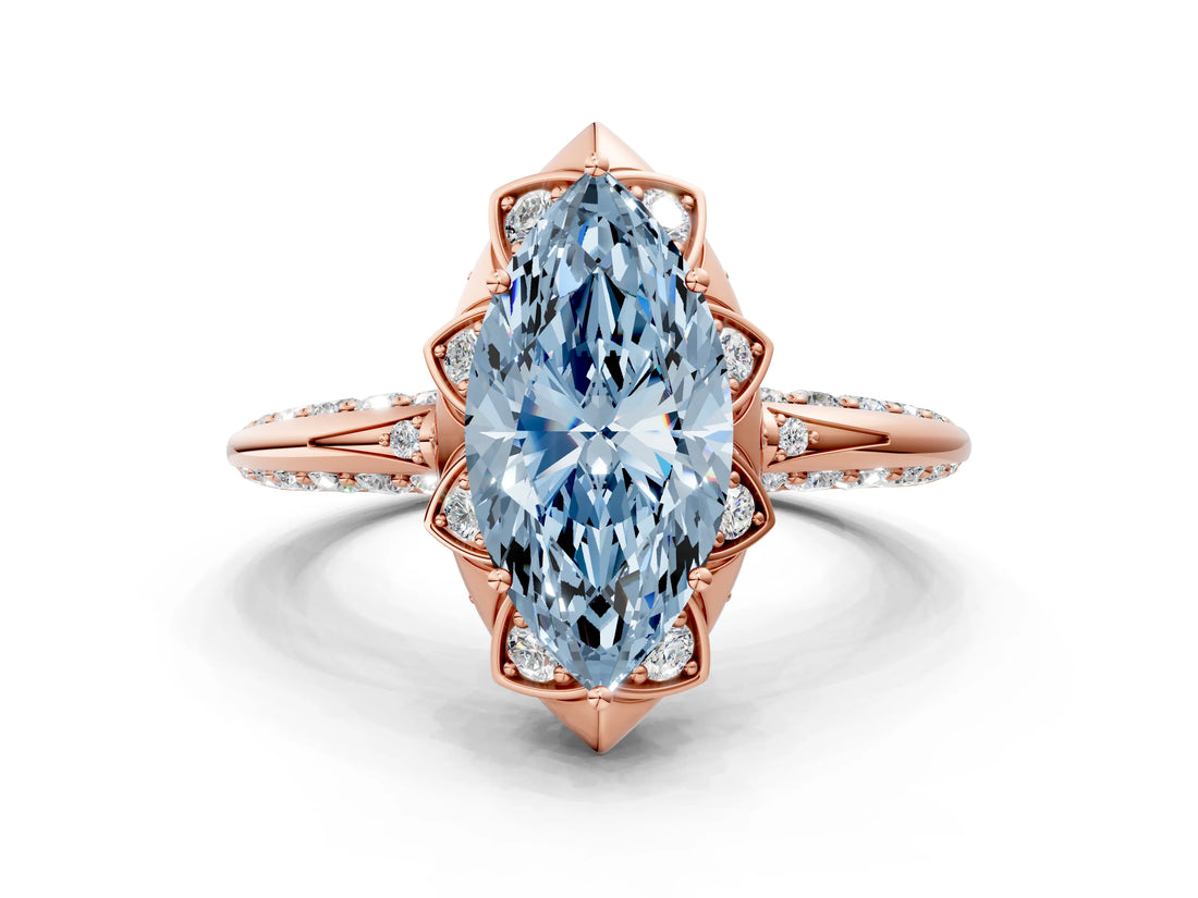 Rose gold Fancy Blue Marquise  Halo Split Shank Pave Diamond Ring with Petal Prong Setting_20