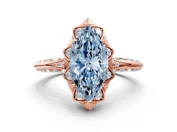 Rose gold Fancy Blue Marquise  Halo Split Shank Pave Diamond Ring with Petal Prong Setting