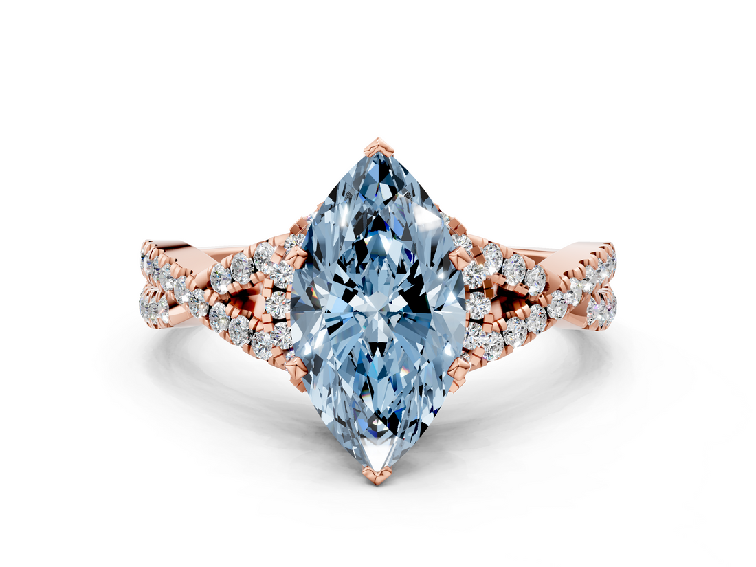 Rose gold Fancy Blue Marquise  Halo Twist Band Solitaire Prong Setting Ring_79