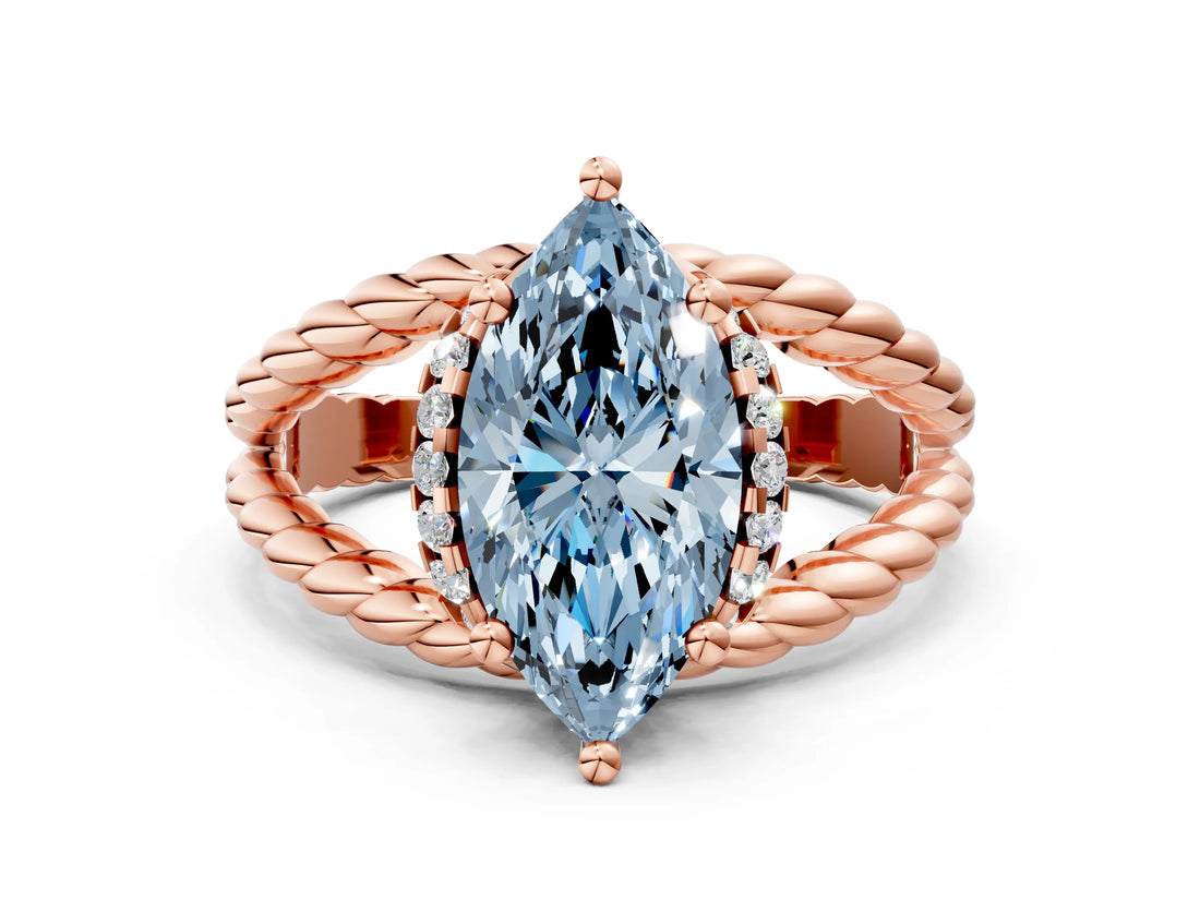 Rose gold Fancy Blue Marquise  Halo Twisted Band Four-Prong Ring_45