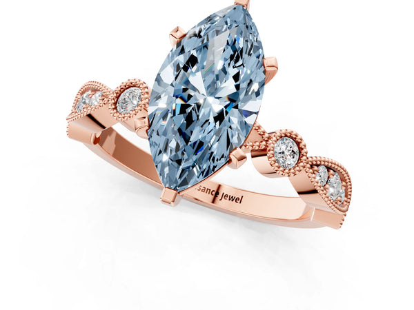 Rose gold Fancy Blue Marquise  Milgrain Bezel Diamond Engagement Ring with Solitaire Prong Setting