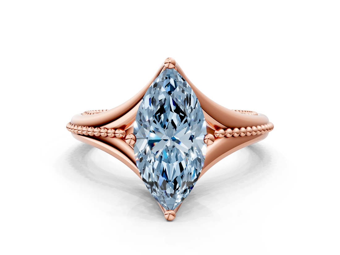 Rose gold Fancy Blue Marquise  Solitaire Beaded Band Six-Prong Setting