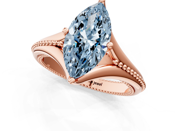 Rose gold Fancy Blue Marquise  Solitaire Beaded Band Six-Prong Setting