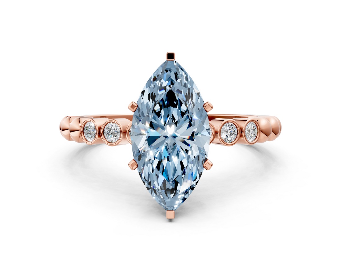 Rose gold Fancy Blue Marquise  Solitaire Bezel Accent Diamond Engagement Ring with Beaded Band and Four-Prong Setting_43