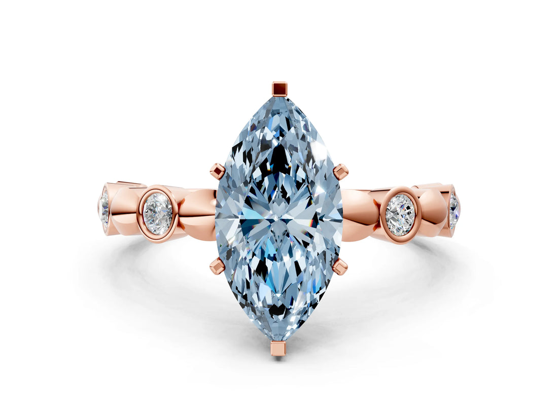 Rose gold Fancy Blue Marquise  Solitaire Bezel-Set Diamond Ring with Beaded Band and Four-Prong Setting_32