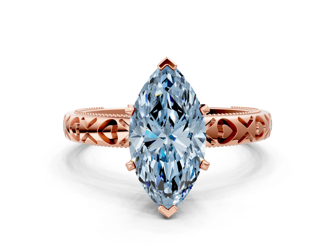 Rose gold Fancy Blue Marquise  Solitaire Diamond Engagement Ring with XO Engraved Band and Four-Prong Setting 2