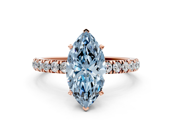 Rose gold Fancy Blue Marquise Cut Diamond Solitaire Ring with Pavé Accents and Four-Prong Setting