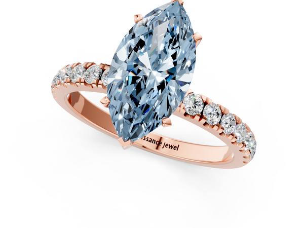 Rose gold Fancy Blue Marquise Cut Diamond Solitaire Ring with Pavé Accents and Four-Prong Setting