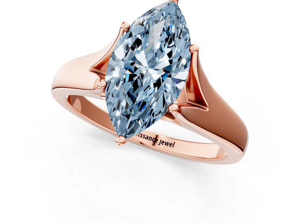 Rose gold Fancy Blue Marquise  Solitaire Diamond Ring with Cathedral Band and Four-Prong Setting