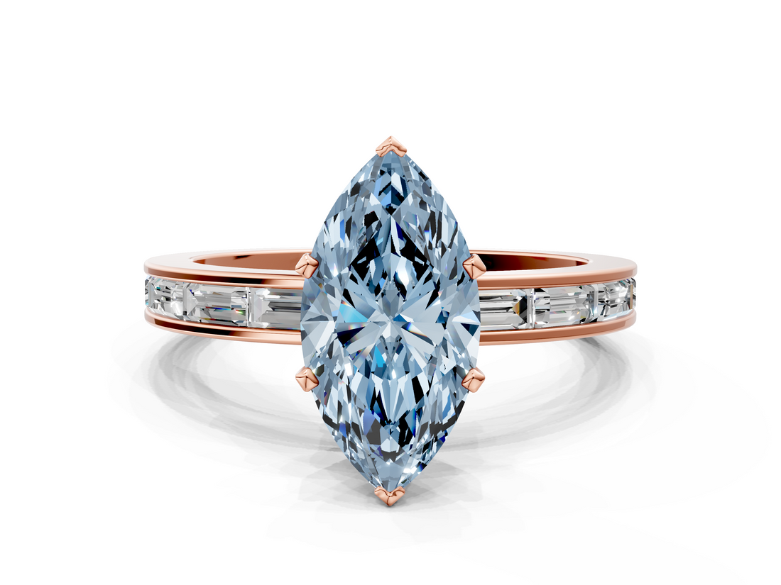 Rose gold Fancy Blue Marquise  Solitaire Diamond Ring with Channel-Set Baguette Band and Four-Prong Setting_88