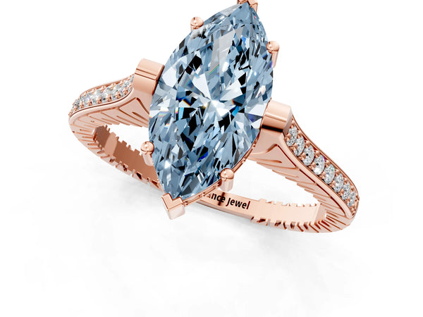 Rose gold Fancy Blue Marquise  Solitaire Diamond Ring with Channel Set Band and Bezel Prong Setting