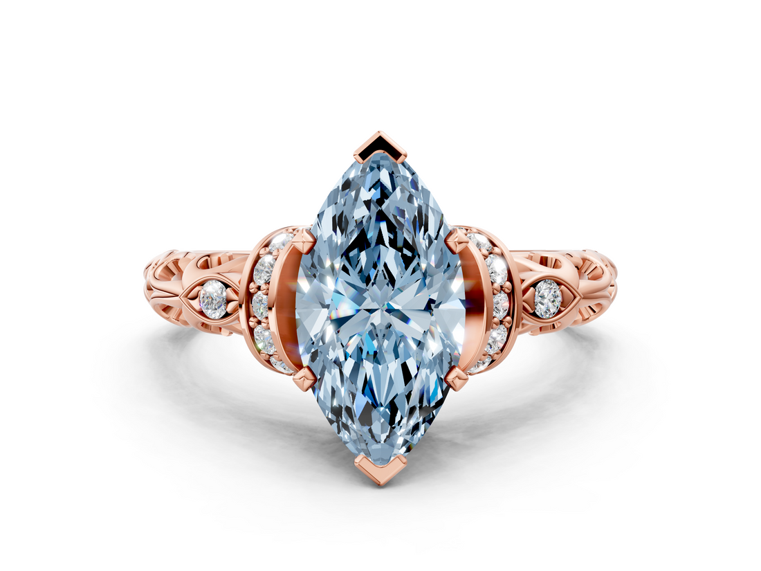 Rose gold Fancy Blue Marquise  Solitaire Diamond Ring with Filigree Band and Four-Prong Setting_64