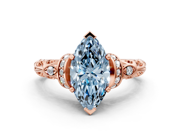 Rose gold Fancy Blue Marquise Cut Diamond Solitaire Ring with Filigree Band and Four-Prong Setting