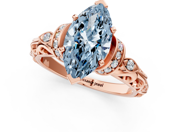 Rose gold Fancy Blue Marquise Cut Diamond Solitaire Ring with Filigree Band and Four-Prong Setting