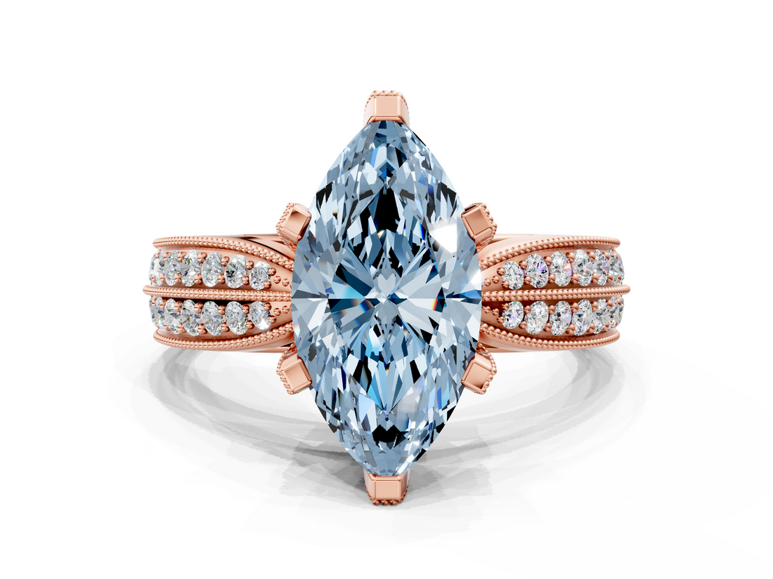 Rose gold Fancy Blue Marquise  Solitaire Diamond Ring with Milgrain Pavé Band and Four-Prong Setting_20